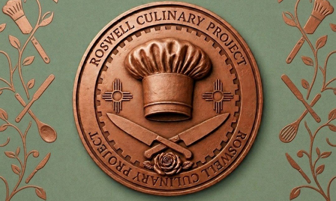 Roswell Culinary Project copper seal with chef hat, crossed knives, Zia symbols, and kitchen tools